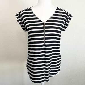 Express Factory Black White Stripe Relaxed Fit Short Sleeve Zip Front Blouse XS